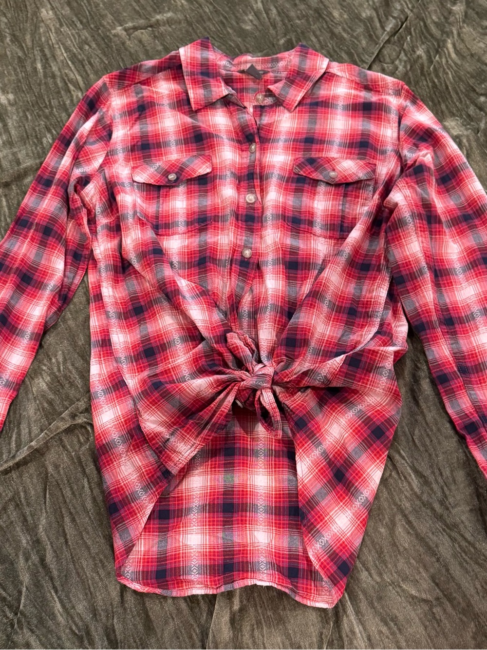 Eddie Bauer Red Plaid Button-Down Tie-Front Shirt